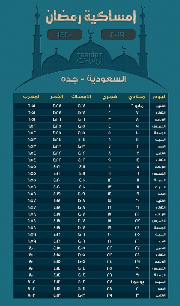 امساكية رمضان 1440 جدة