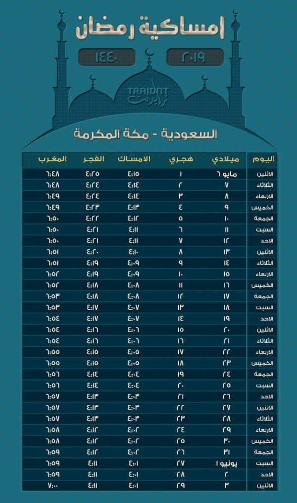 امساكية رمضان 1440 مكلة المكرمة 2019