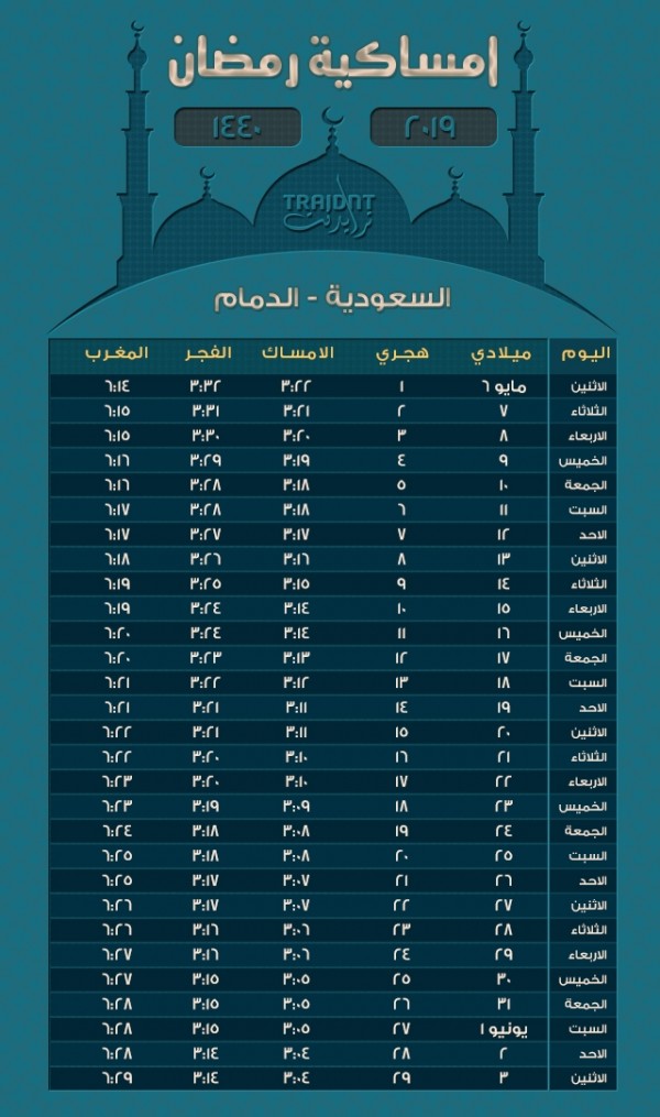 امساكية رمضان 1440 الدمام