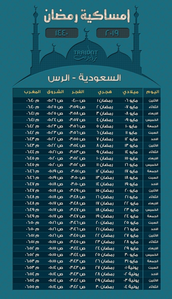 امساكية رمضان 1440 الرس