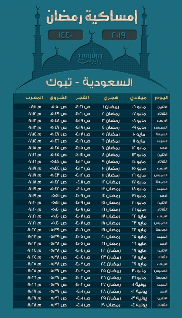 امساكية رمضان 2019 تبوك - حلول ويب