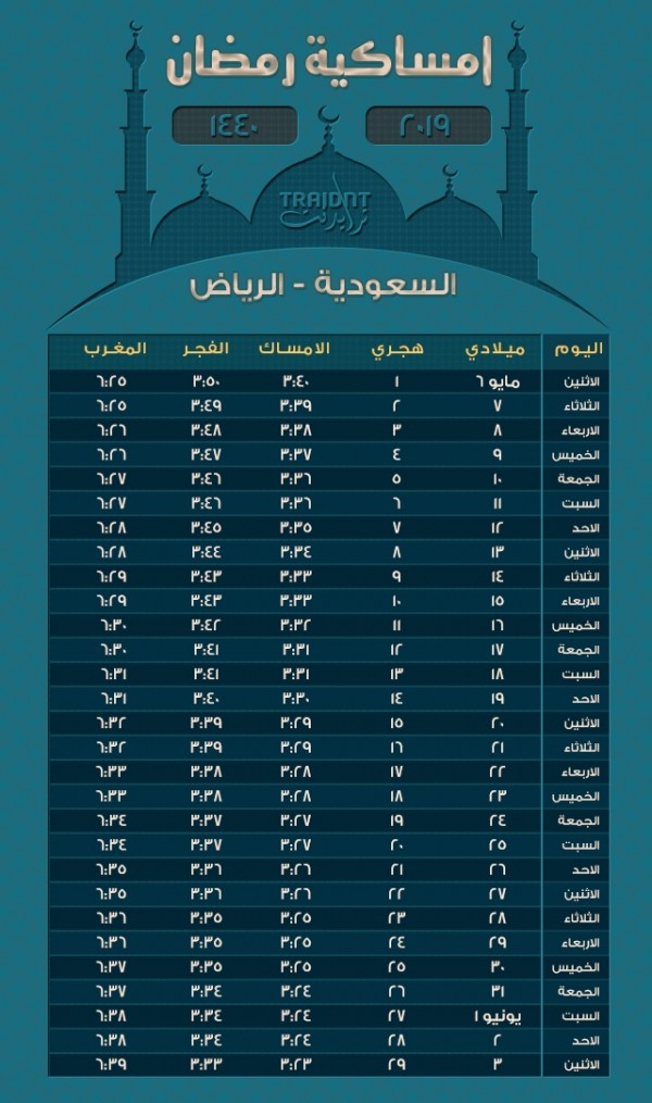 امساكية رمضان 2019 الرياض pdf