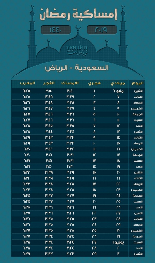 امساكية رمضان 1440 الرياض