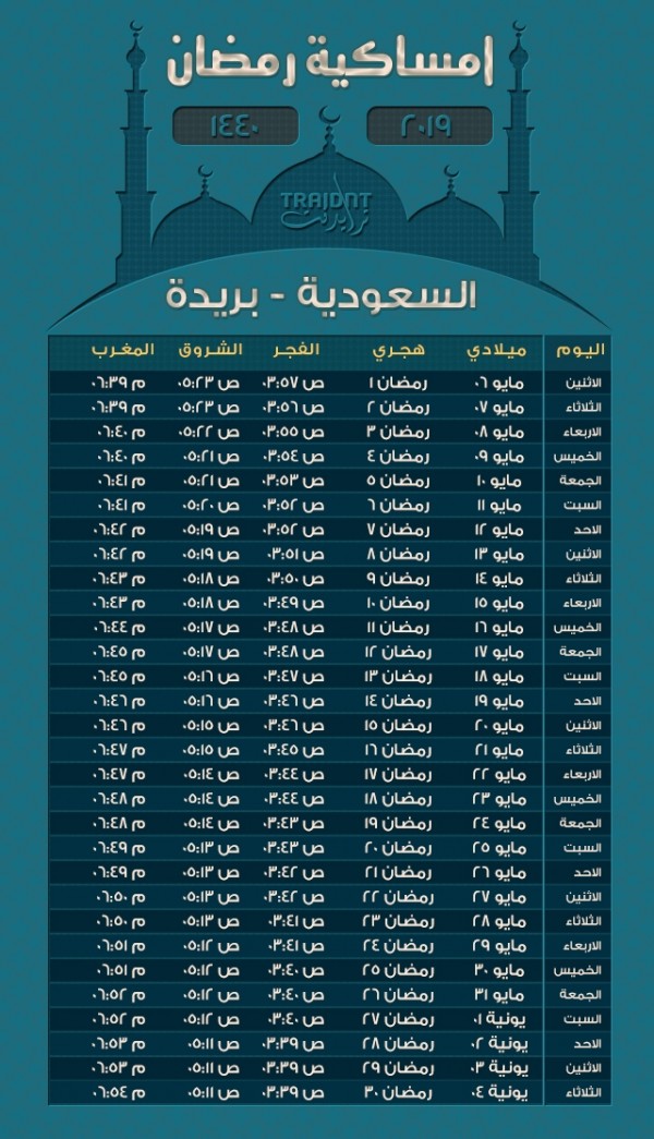 إمساكية رمضان 1440 بريدة لحلول الويب